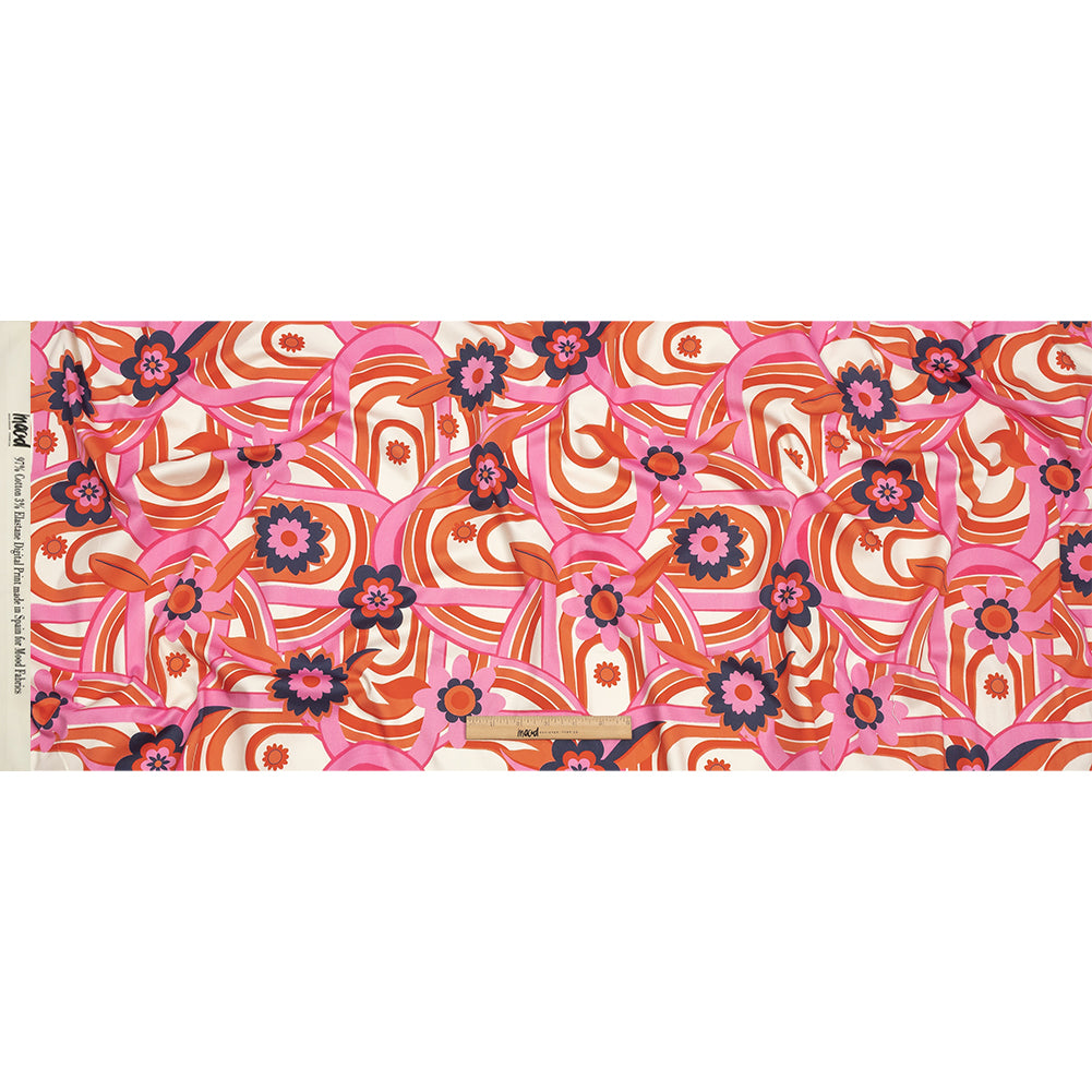 Stretch Cotton Sateen - Pink Winding Lines and Flowers - Bloom the Beat Print - Mood Exclusive Groove Collection - Full