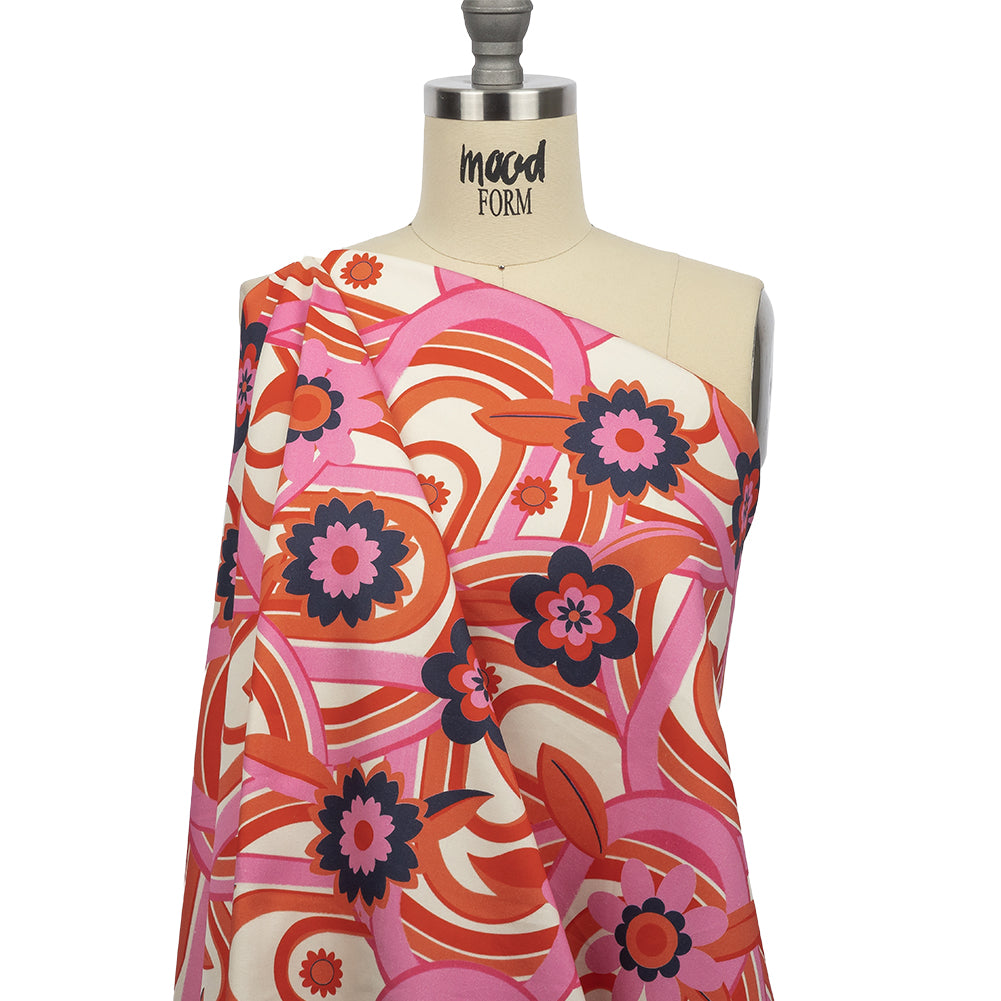 Stretch Cotton Sateen - Pink Winding Lines and Flowers - Bloom the Beat Print - Mood Exclusive Groove Collection - Drape