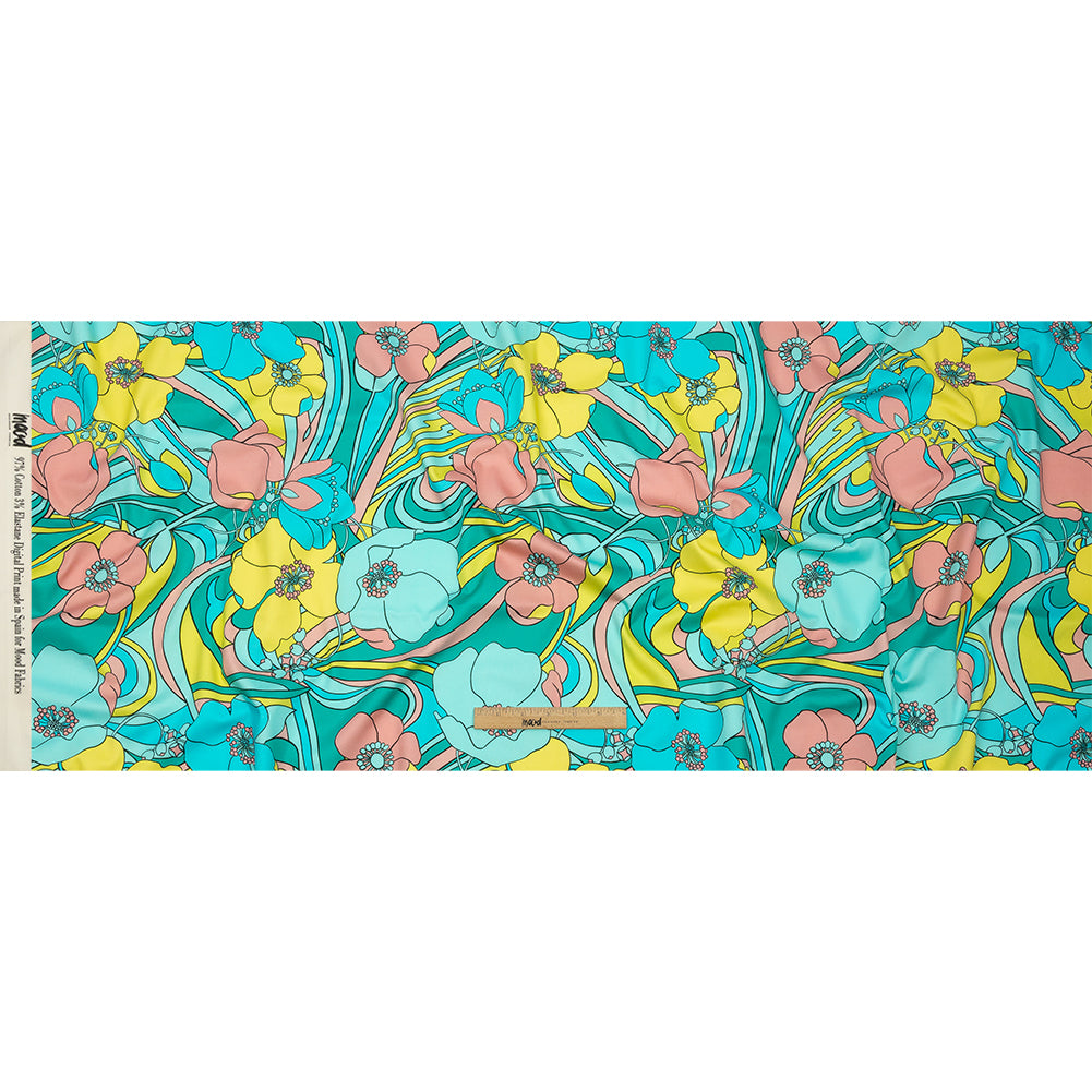 Stretch Cotton Sateen - Blue and Yellow Floral - Garden Groove Print - Mood Exclusive Groove Collection - Full