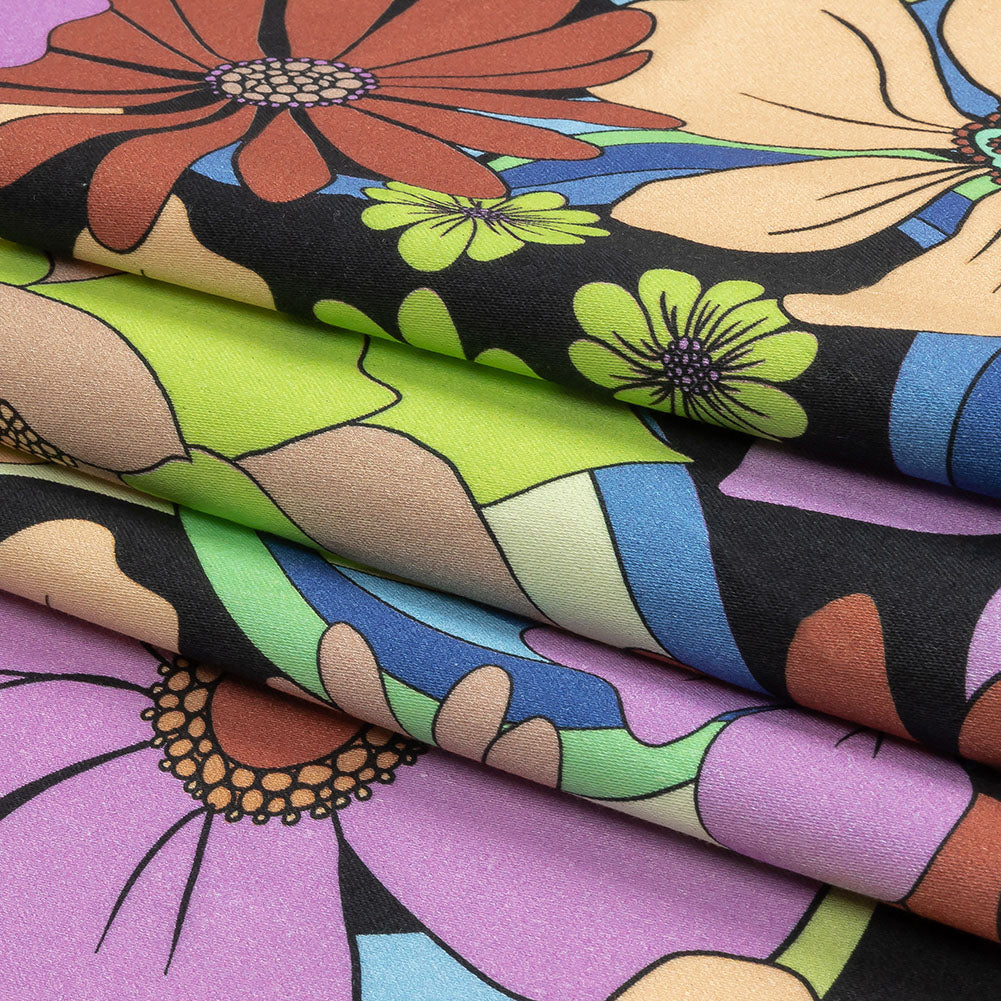 Stretch Cotton Sateen - Black, Beige and Purple Floral - Fanciful Flourish Print - Mood Exclusive Groove Collection - Folded
