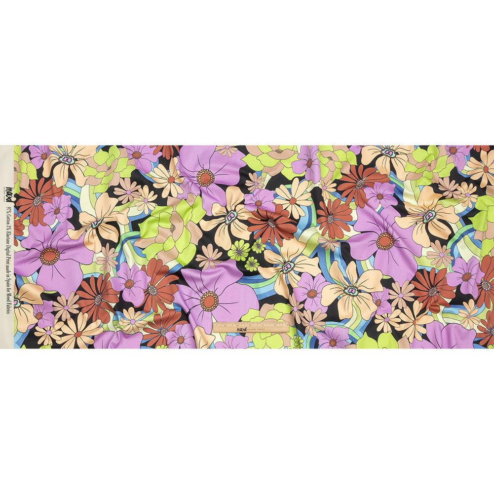 Stretch Cotton Sateen - Black, Beige and Purple Floral - Fanciful Flourish Print - Mood Exclusive Groove Collection - Full