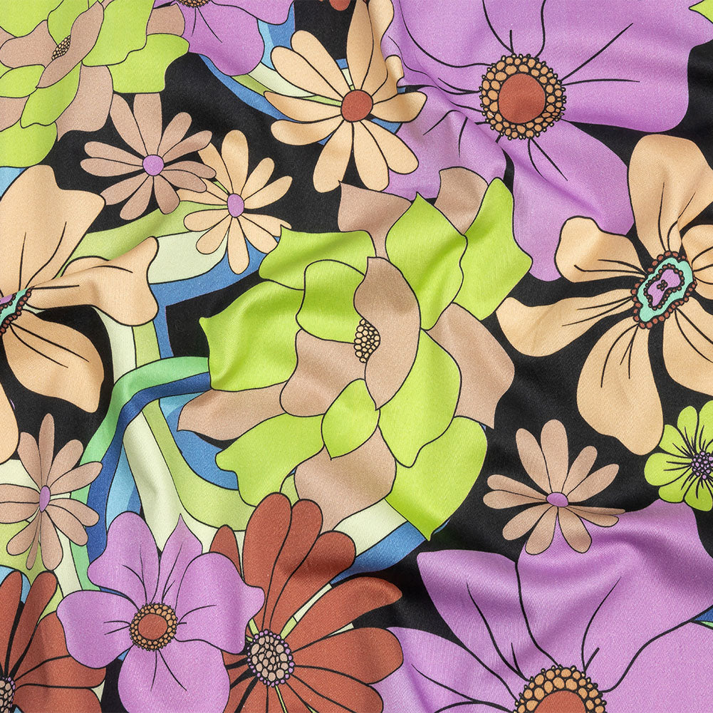 Stretch Cotton Sateen - Black, Beige and Purple Floral - Fanciful Flourish Print - Mood Exclusive Groove Collection