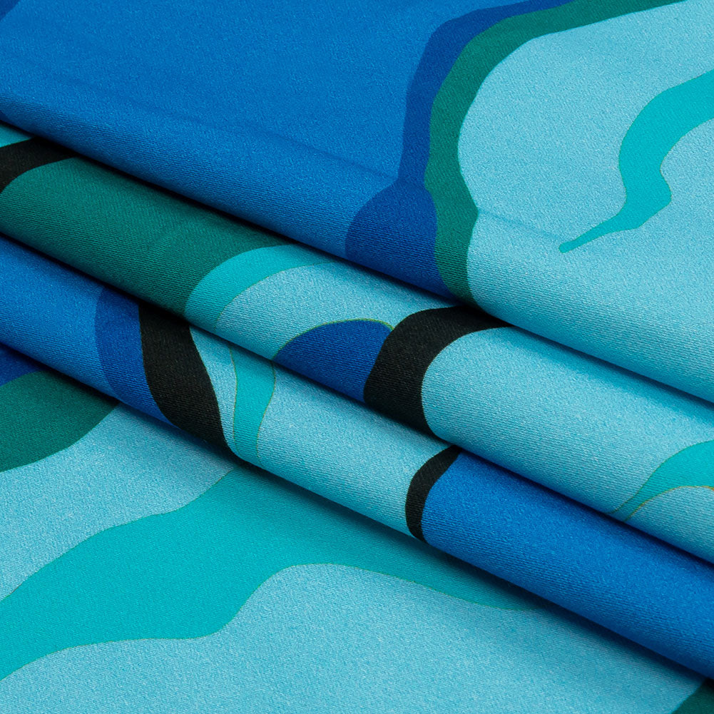 Stretch Cotton Sateen - Blue Abstract - Seen and Unseen Print - Mood Exclusive Groove Collection - Folded