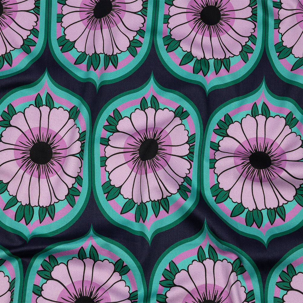 Stretch Cotton Sateen - Lavender and Teal Floral Ogees - Sunrise Divine Print - Mood Exclusive Groove Collection