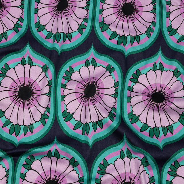 Stretch Cotton Sateen - Lavender and Teal Floral Ogees - Sunrise Divine Print - Mood Exclusive Groove Collection