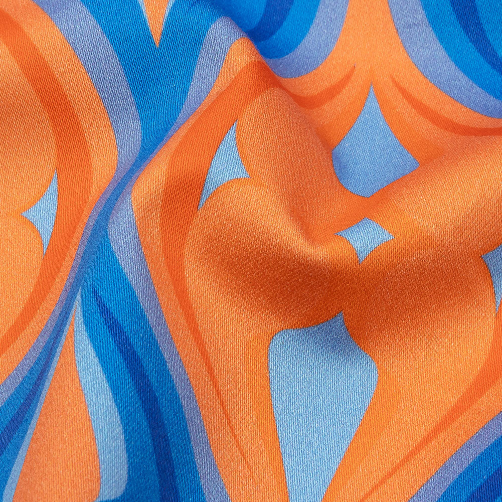 Stretch Cotton Sateen - Blue and Orange Ogees - Eye of the Storm Print - Mood Exclusive Groove Collection - Detail