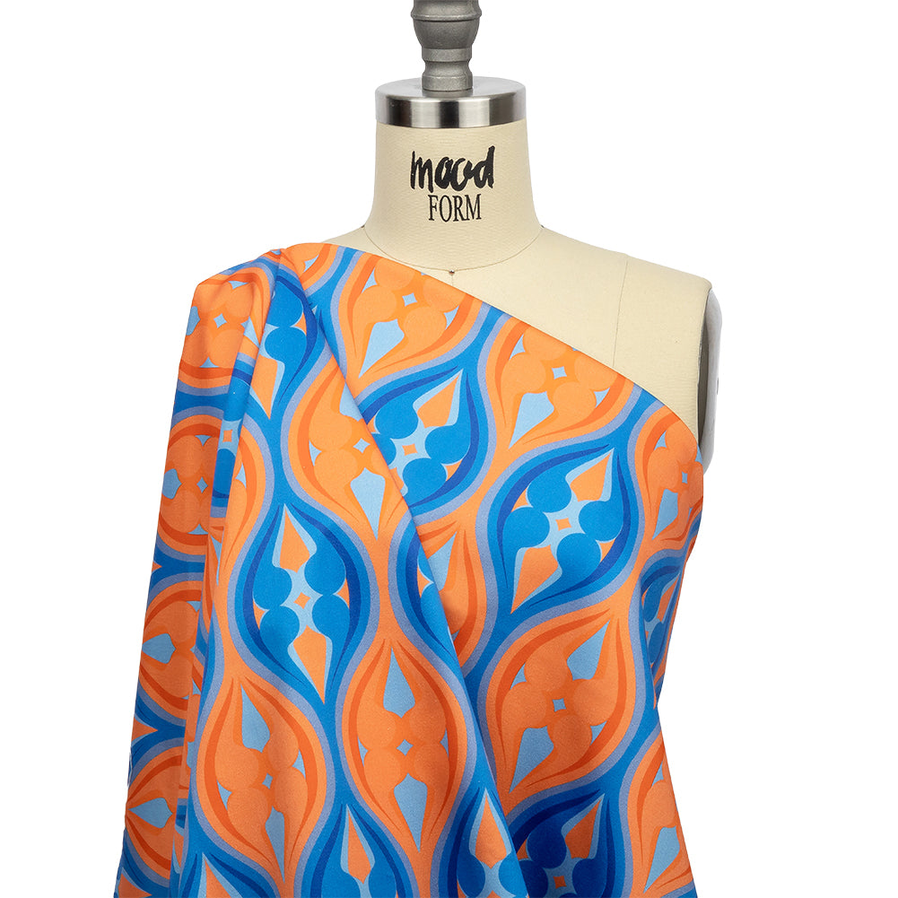 Stretch Cotton Sateen - Blue and Orange Ogees - Eye of the Storm Print - Mood Exclusive Groove Collection - Drape