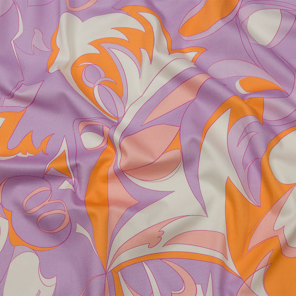 Stretch Cotton Sateen - Lilac and Orange Abstract - Lost at Last Print - Mood Exclusive Groove Collection