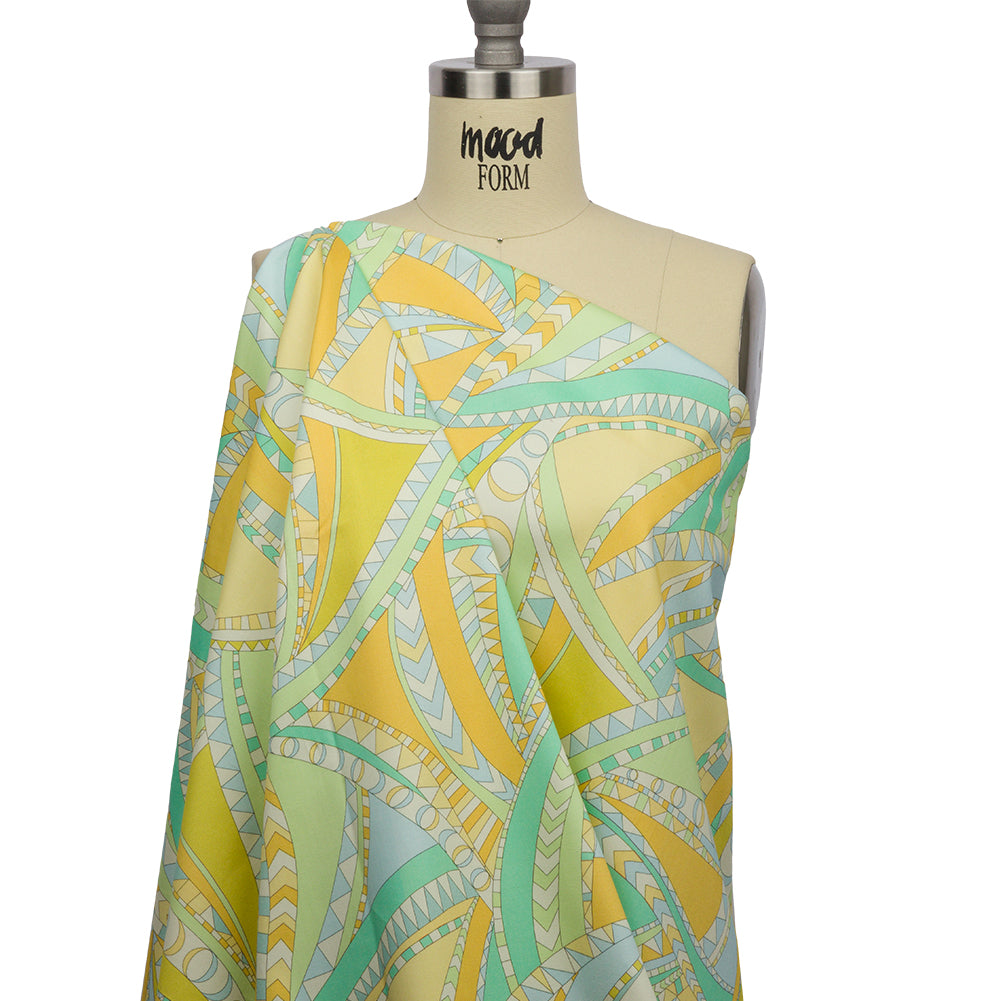 Stretch Cotton Sateen - Green and Blue Geometric Abstract - Lizard Leap Print - Mood Exclusive Groove Collection - Drape