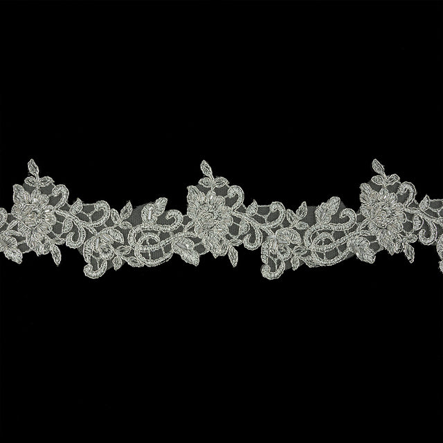 Silver Floral Beaded Bridal Lace Trim with Silver Cording - 2.5"