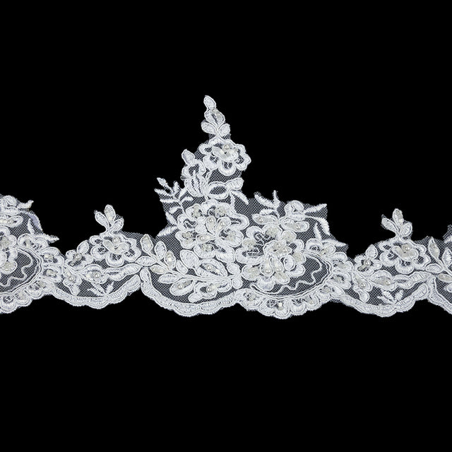 White Floral Scalloped Beaded and Corded Bridal Lace Trim - 5.5"