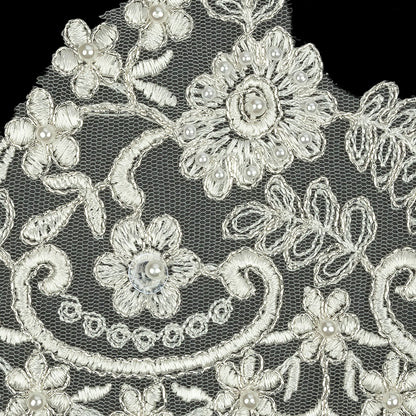 Off White and Metallic Silver Floral and Scalloped Bridal Lace Trim with Faux Pearl Beads - 5.5" Detail
