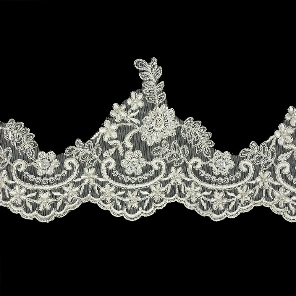 Off White and Metallic Silver Floral and Scalloped Bridal Lace Trim with Faux Pearl Beads - 5.5"