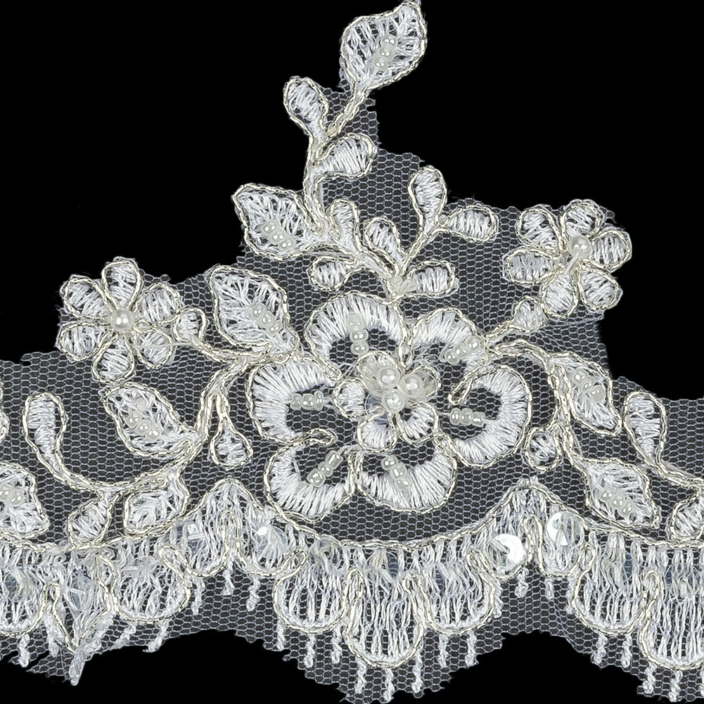 White and Metallic Silver Floral and Fringed Scallops Corded Bridal Lace Trim with Faux Pearl Beads - 3.5" Detail