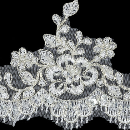 White and Metallic Silver Floral and Fringed Scallops Corded Bridal Lace Trim with Faux Pearl Beads - 3.5" Detail