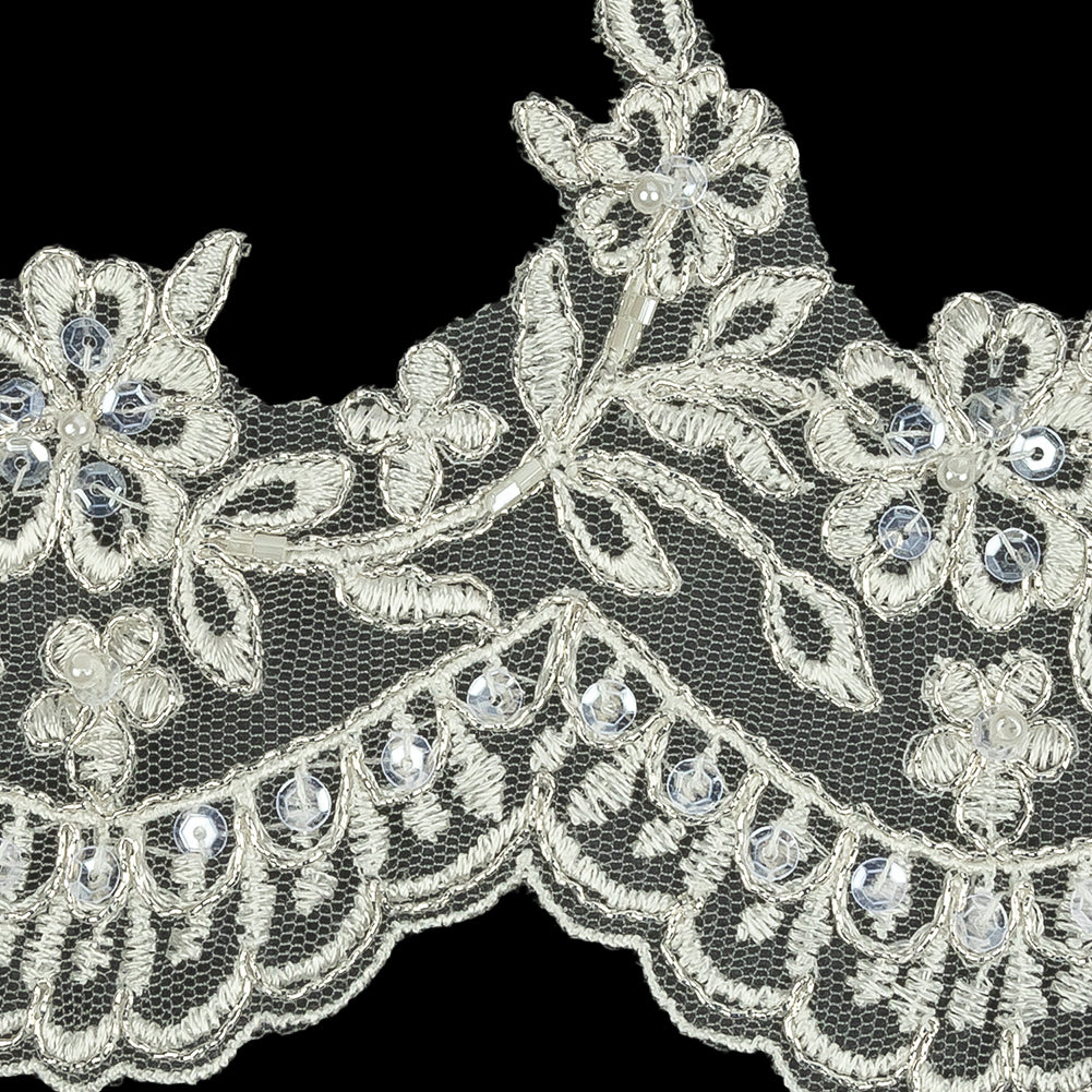 Off White and Metallic Silver Floral and Scalloped Edge Corded Bridal Lace Trim with Sequins and Faux Pearl Beads - 3.5" Detail