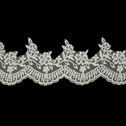Off White and Striped Metallic Silver Floral and Scalloped Edge Corded Bridal Lace Trim with Sequins and Faux Pearl Beads - 3.5"