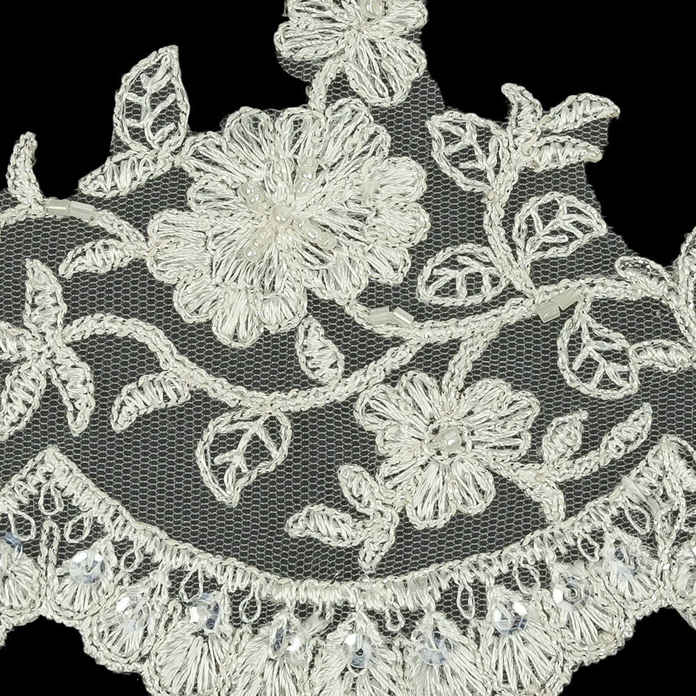 Off White and Striped Metallic Silver Floral Sequins and Beaded Bridal Lace Trim with Scalloped Edge - 4.5" Detail