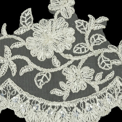 Off White and Striped Metallic Silver Floral Sequins and Beaded Bridal Lace Trim with Scalloped Edge - 4.5" Detail