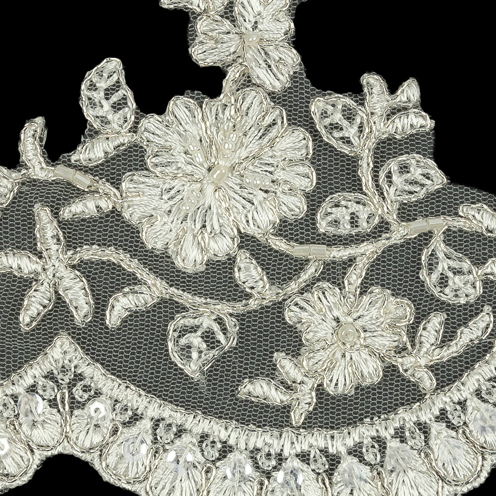 Off White and Metallic Silver Floral Sequins and Beaded Bridal Lace Trim with Scalloped Edge - 4.5" Detail