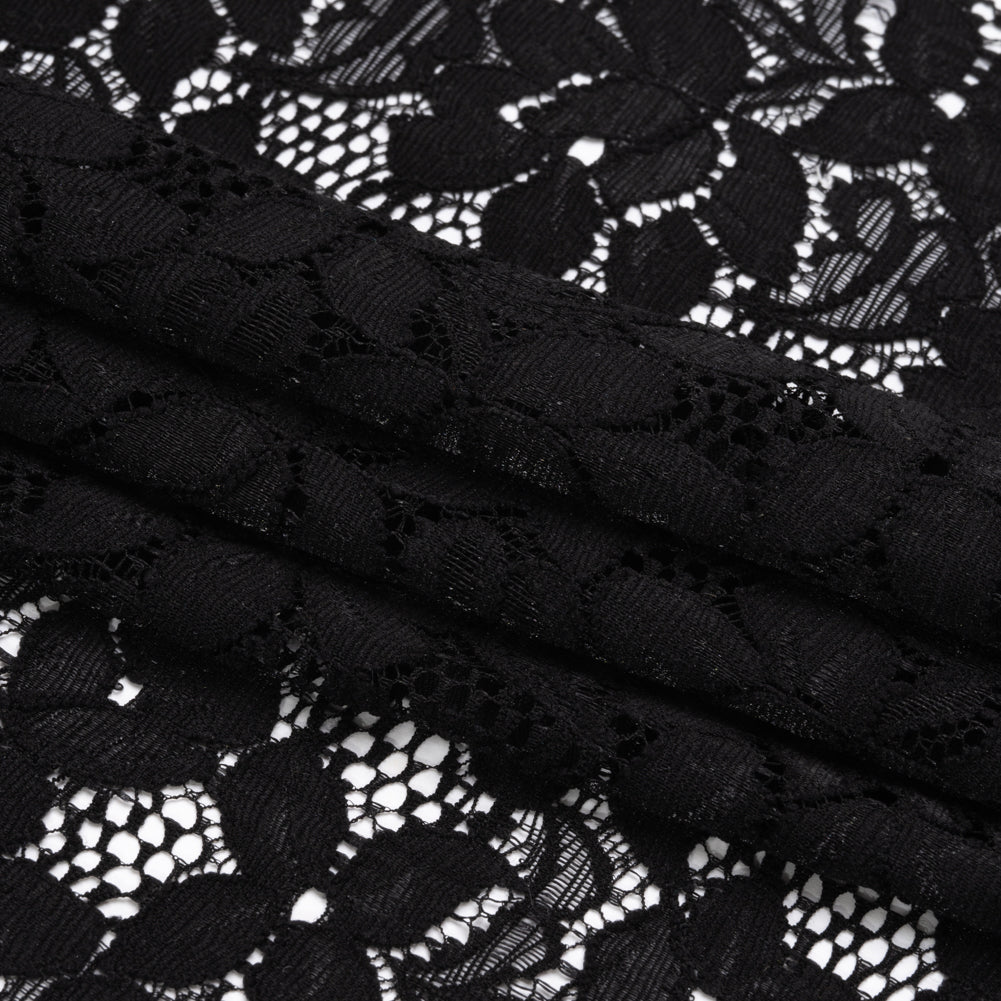 Shimmering Black Floral Stretch Lace Trim with Scalloped Edges - 11.25" Folded