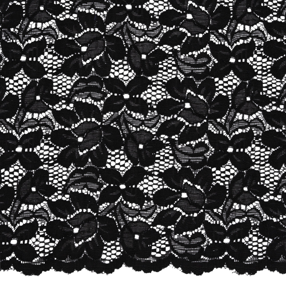 Shimmering Black Floral Stretch Lace Trim with Scalloped Edges - 11.25" Detail