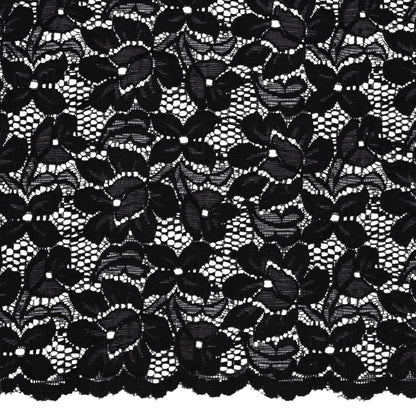 Shimmering Black Floral Stretch Lace Trim with Scalloped Edges - 11.25" Detail