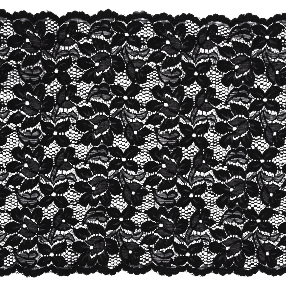 Shimmering Black Floral Stretch Lace Trim with Scalloped Edges - 11.25"