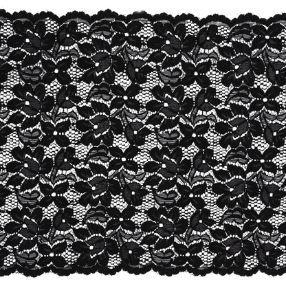 Shimmering Black Floral Stretch Lace Trim with Scalloped Edges - 11.25"