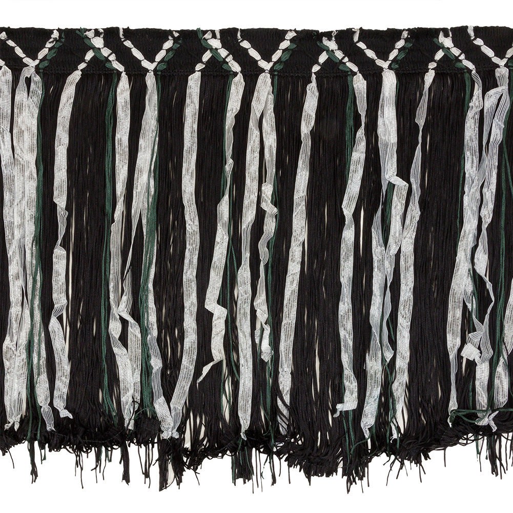 Black, Forest and White Chainette Fringe Trim with Ribbon Inclusions - 12.5"