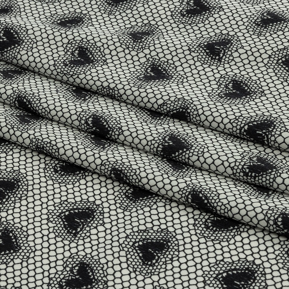 Italian White and Black Lace Hearts Stretch Nylon Jersey Folded