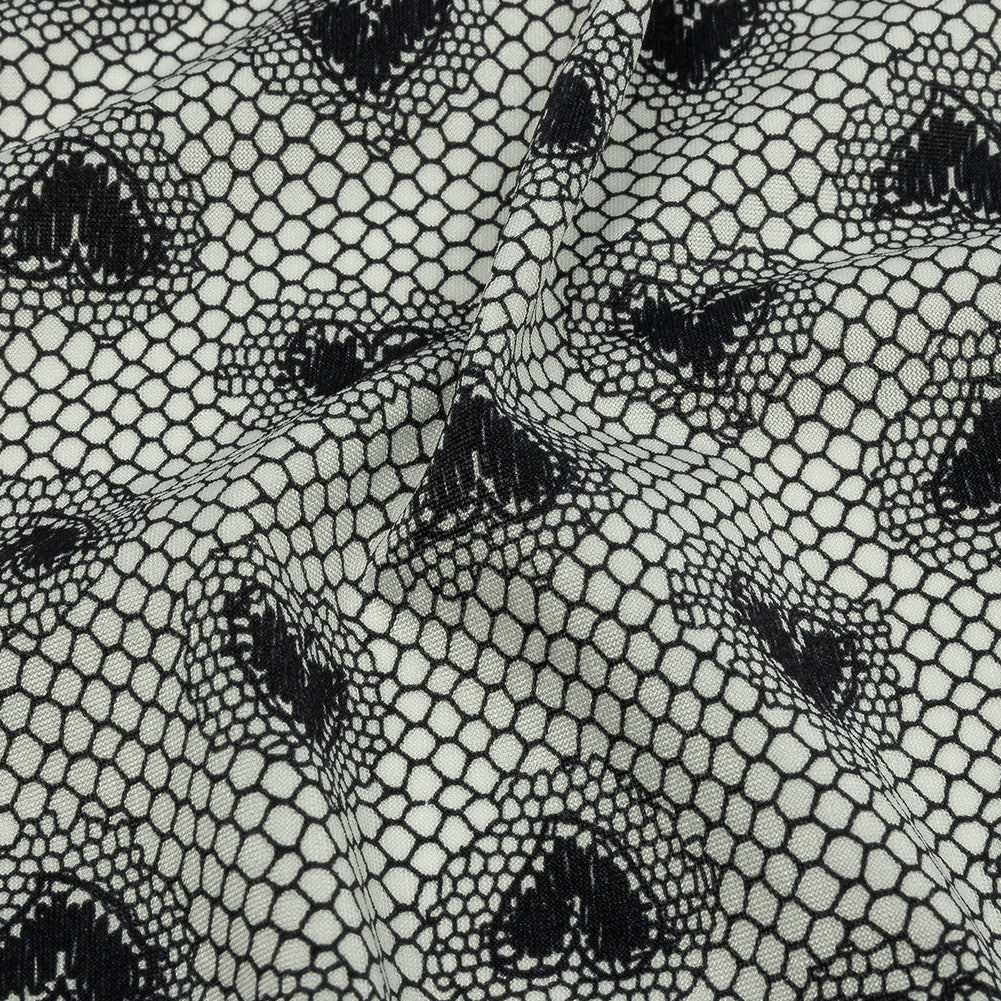 Italian White and Black Lace Hearts Stretch Nylon Jersey Detail