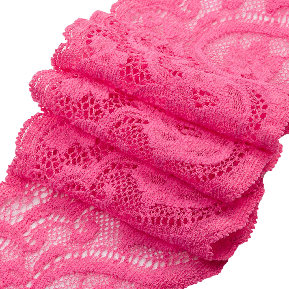 Petal Pink Floral Waves Stretch Lace Trim with Scalloped Edges - 2.875" Folded