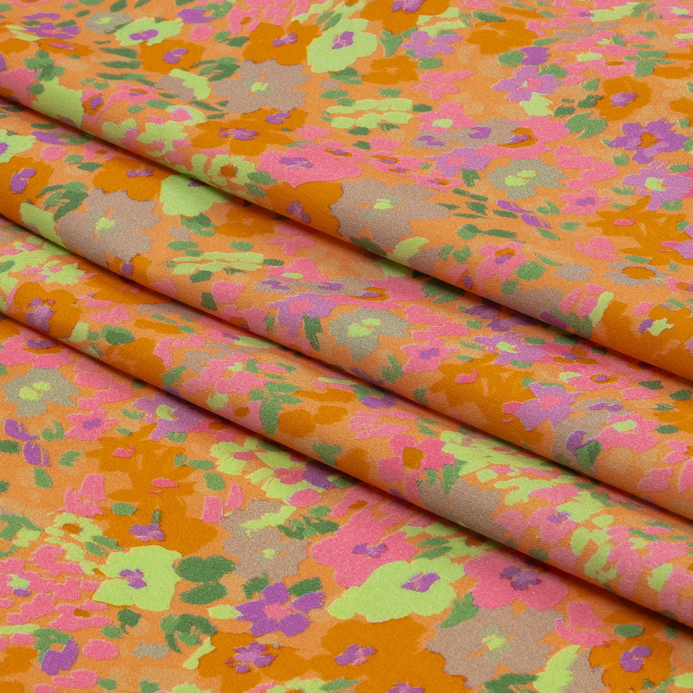 Stretch Cotton and Viscose Sateen Print - Pink and Orange Floral - Mood Exclusive Sunburst - Folded