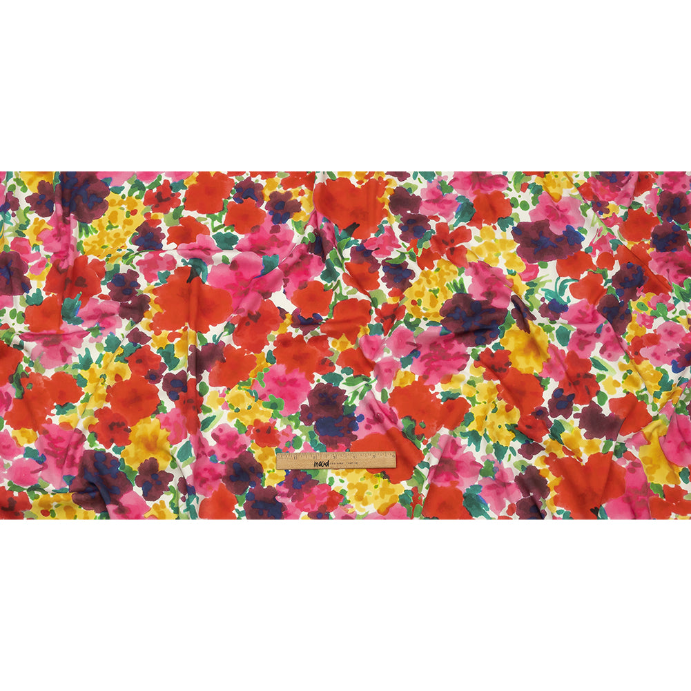 Stretch Cotton and Viscose Sateen Print - Red, Yellow and Green Painterly Floral - Mood Exclusive Spring Afternoon - Full