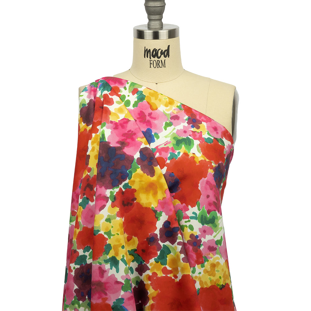 Stretch Cotton and Viscose Sateen Print - Red, Yellow and Green Painterly Floral - Mood Exclusive Spring Afternoon - Drape