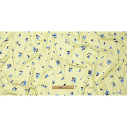 Stretch Cotton and Viscose Sateen Print - Pale Yellow and Blue Floral - Mood Exclusive Daisy Dance