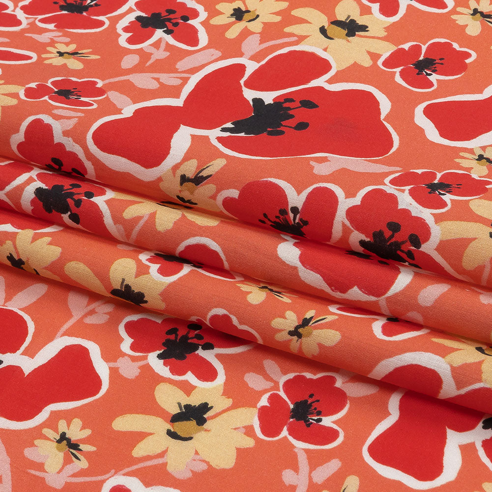 Cotton Voile Print - Orange and Red Floral - Mood Exclusive Grooving Blooms Folded
