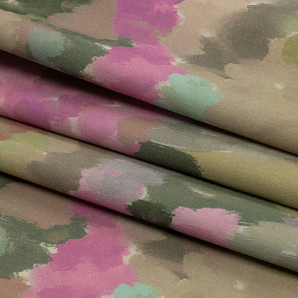 Stretch Cotton Twill Panel - Green and Pink Impressionist Landscape - Mood Exclusive Rainy Day - Folded