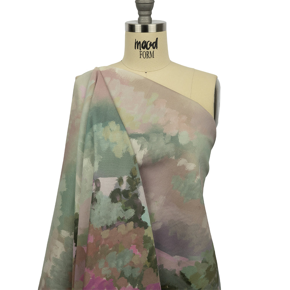 Stretch Cotton Twill Panel - Green and Pink Impressionist Landscape - Mood Exclusive Rainy Day - Drape