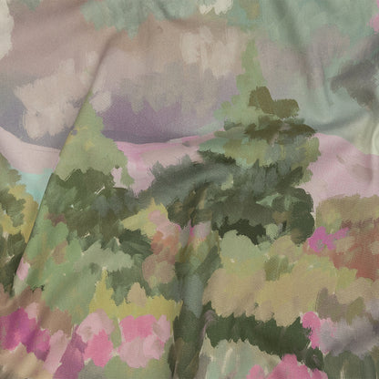 Stretch Cotton Twill Panel - Green and Pink Impressionist Landscape - Mood Exclusive Rainy Day