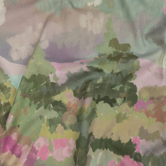 Stretch Cotton Twill Panel - Green and Pink Impressionist Landscape - Mood Exclusive Rainy Day