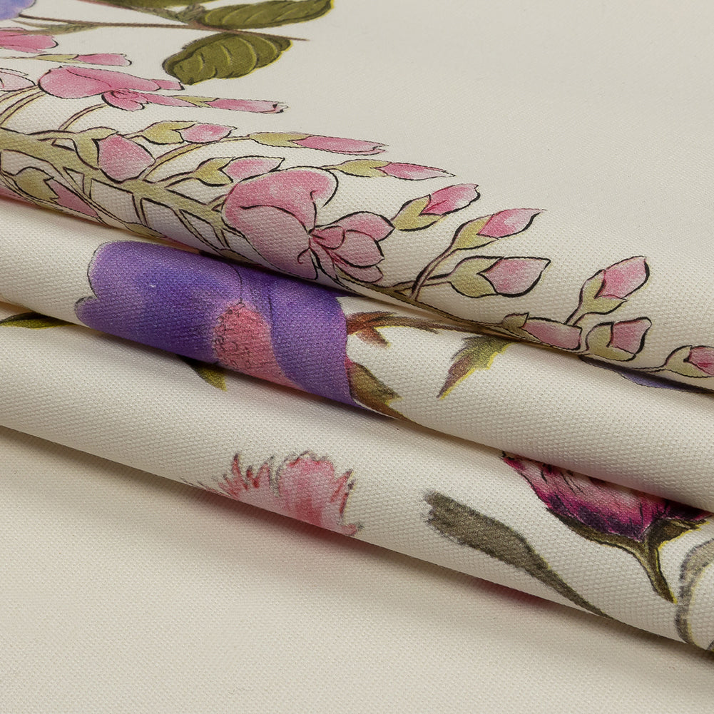 Stretch Cotton Canvas Print - White, Peach and Lavender Floral - Mood Exclusive English Gardens Folded