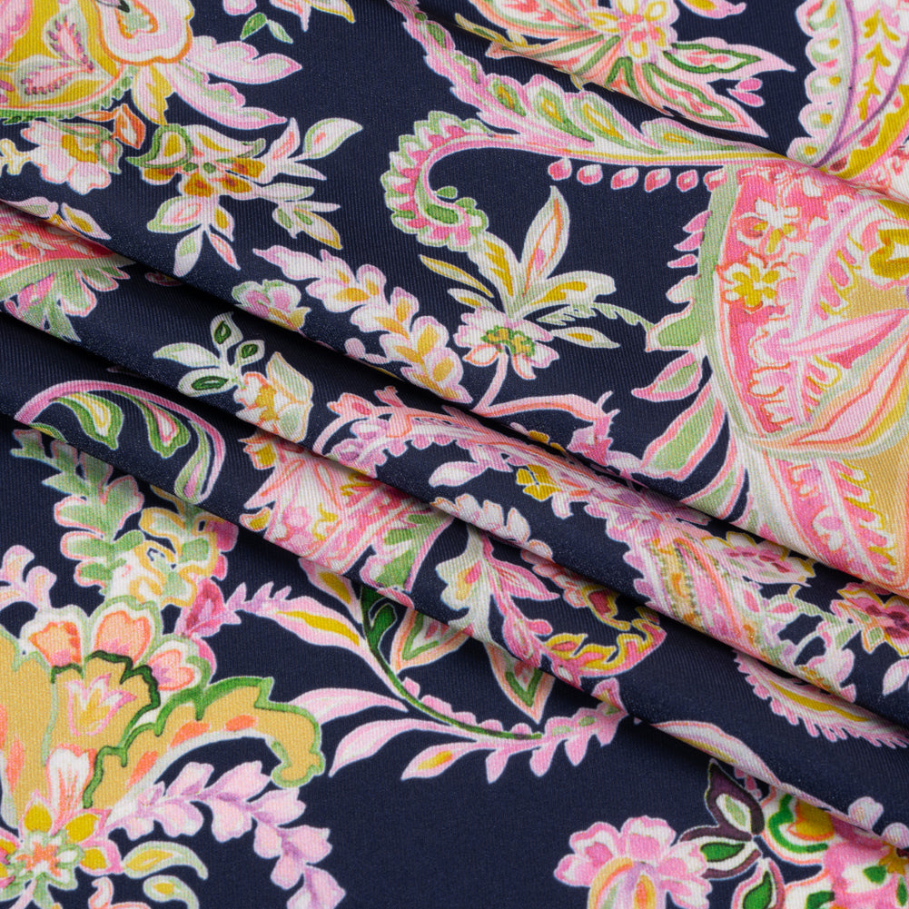 Polyester Twill Print - Black, Pink and Green Paisley - Mood Exclusive Tendrillar Twist - Folded