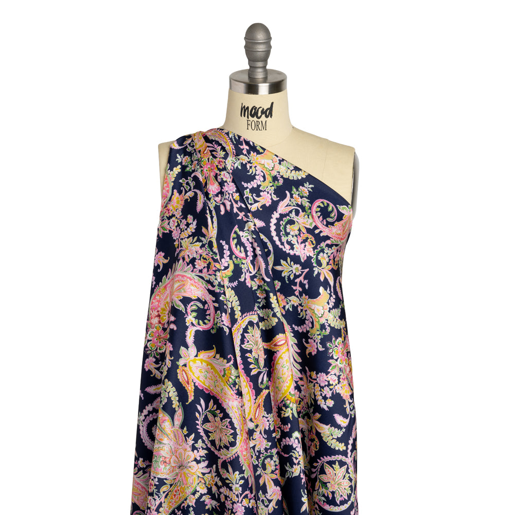 Polyester Twill Print - Black, Pink and Green Paisley - Mood Exclusive Tendrillar Twist - Drape