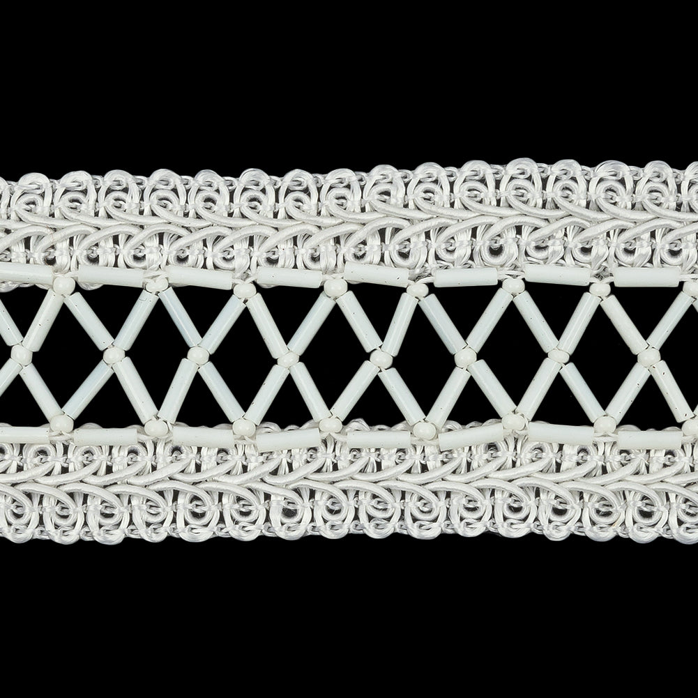 Vintage White and Ivory Lattice Window Rectangular Beaded and Braided Applique - 7.75" x 1.5" Detail