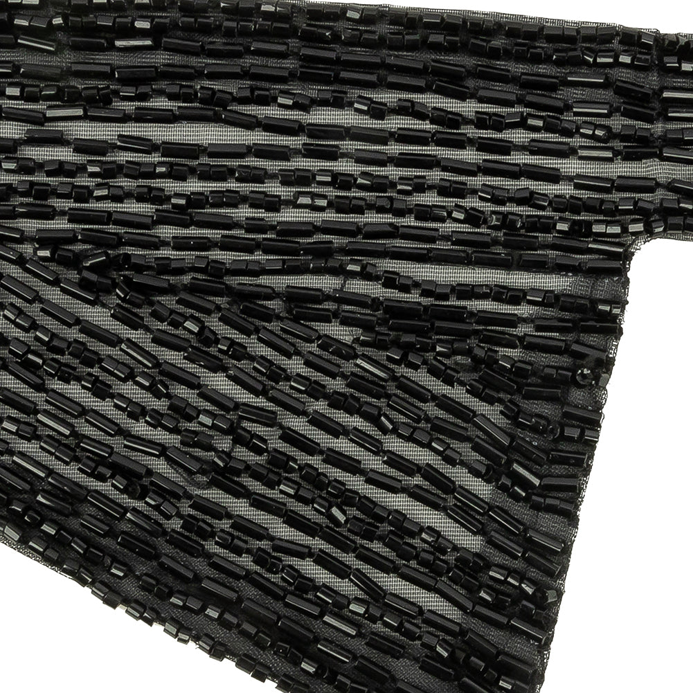 Vintage Black Geometric Glass Beaded Right Lapel Applique - 13" x 3.625" Detail