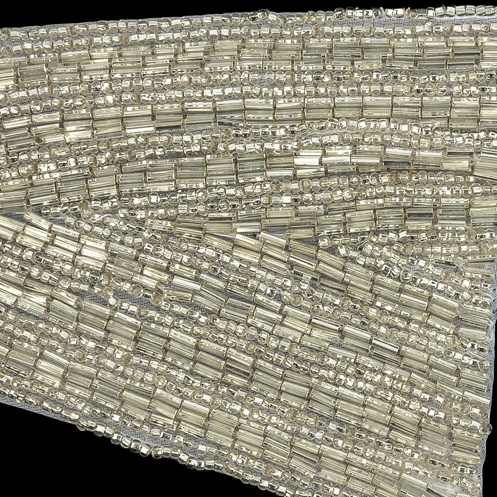 Vintage Silver Geometric Glass Beaded Right Lapel Applique - 13" x 3.625" Detail