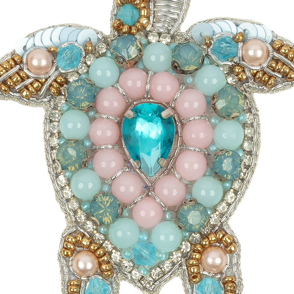 Silver, Baby Blue and Pale Pink Sea Turtle Rhinestone and Glass Beaded Applique - 2.75" x 2.625" Detail