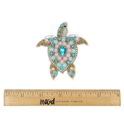 Silver, Baby Blue and Pale Pink Sea Turtle Rhinestone and Glass Beaded Applique - 2.75" x 2.625" Full